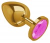 Золотистая большая анальная пробка с розовым кристаллом - 9,5 см. фото 2 — pink-kiss