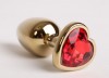 Золотистая анальная пробка с красным стразиком-сердечком - 7,5 см. фото 1 — pink-kiss
