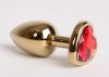 Золотистая анальная пробка с красным стразиком-сердечком - 7,5 см. фото 2 — pink-kiss