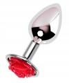 Серебристая анальная втулка с красной розочкой - 8 см. фото 1 — pink-kiss