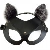 Черная кожаная маска  Кошечка  с мехом фото 1 — pink-kiss