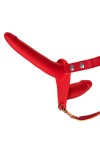 Красный страпон на ремнях с вагинальной пробкой - 15 см. фото 4 — pink-kiss