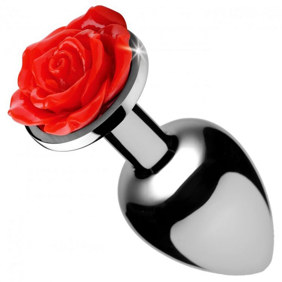 Серебристая анальная пробка с розой Red Rose Butt Plug - 8 см. фото 1 — pink-kiss