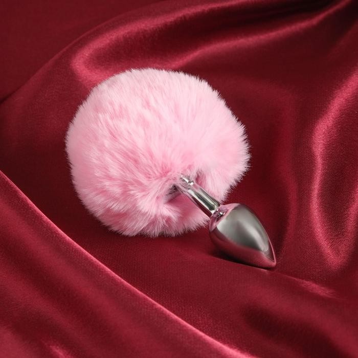 Серебристая анальная втулка с розовым хвостиком фото 1 — pink-kiss