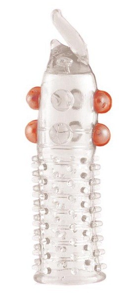 Гелевая прозрачная насадка с шариками, шипами и усиком - 11 см. фото 1 — pink-kiss