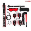 Стильный черно-красный набор БДСМ: маска, кляп, зажимы, плётка, ошейник, наручники, оковы, верёвка фото 1 — pink-kiss