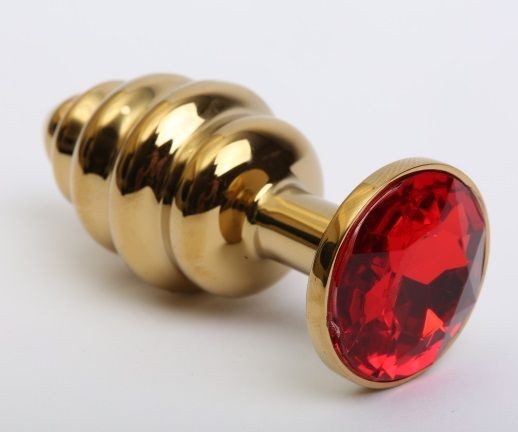 Золотистая рифлёная пробка с красным стразом - 8,2 см. фото 1 — pink-kiss