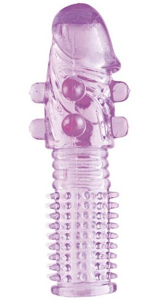 Гелевая фиолетовая насадка с шариками и шипами - 14 см. фото 1 — pink-kiss