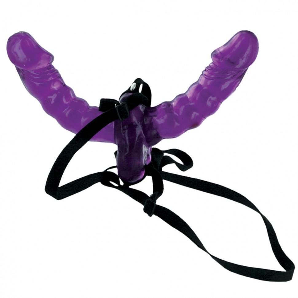 Фиолетовый страпон Double Delight Strap-on с вагинальной пробкой - 15 см. фото 1 — pink-kiss
