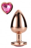 Золотистая анальная втулка с кристаллом-сердечком розового цвета - 7,1 см. фото 1 — pink-kiss