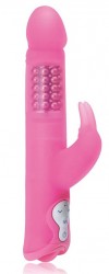 Розовый силиконовый вибратор с шариками и клиторальным отростком - 25 см. фото 1 — pink-kiss