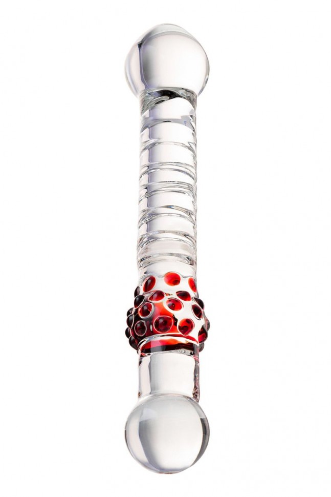 Стеклянный стимулятор с ручкой-шаром и цветными пупырышками - 22 см. фото 1 — pink-kiss