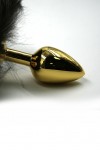Золотистая алюминиевая анальная пробка с чёрным хвостом из натурального меха фото 2 — pink-kiss
