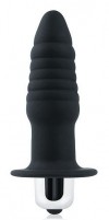 Черная ребристая вибровтулка с ограничителем - 7 см. фото 1 — pink-kiss