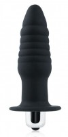 Черная ребристая вибровтулка с ограничителем - 9 см. фото 1 — pink-kiss