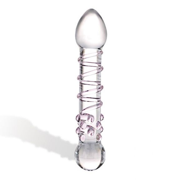 Прозрачный стеклянный фаллос с розовой спиралькой и массажными пупырышками - 18 см. фото 1 — pink-kiss