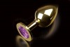 Большая золотая анальная пробка с закругленным кончиком и фиолетовым кристаллом - 9 см. фото 1 — pink-kiss
