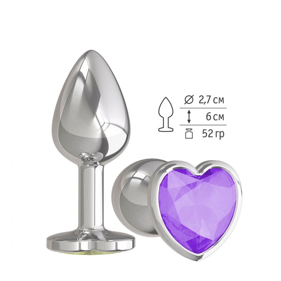 Серебристая анальная втулка с фиолетовым кристаллом-сердцем - 7 см. фото 1 — pink-kiss