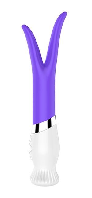 Фиолетовый вибратор-ротатор с раздвоенным кончиком LILY - 18 см. фото 1 — pink-kiss