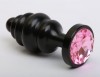 Черная фигурная анальная пробка с розовым кристаллом - 8,2 см. фото 1 — pink-kiss
