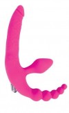 Розовый безремневой страпон с анальным отростком и вибрацией - 15 см. фото 1 — pink-kiss
