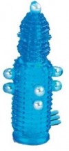 Голубая эластичная насадка на пенис с жемчужинами, точками и шипами Pearl Stimulator - 11,5 см. фото 1 — pink-kiss