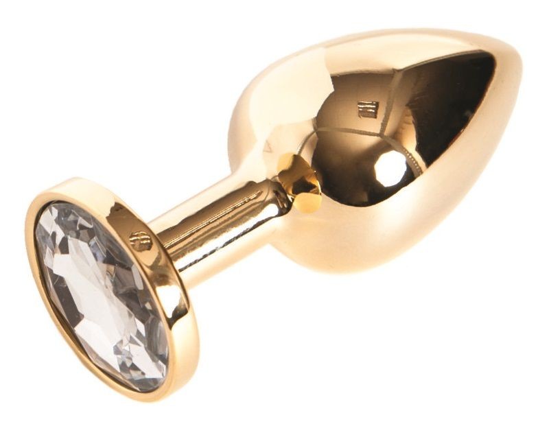Золотистая маленькая анальная втулка с прозрачным кристаллом - 6 см. фото 1 — pink-kiss