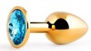 Золотистая анальная пробка с голубым стразом - 7,2 см. фото 1 — pink-kiss