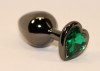 Черная коническая анальная пробка с зеленым кристаллом-сердечком - 8 см. фото 1 — pink-kiss