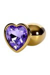 Золотистая анальная втулка с фиолетовым кристаллом-сердечком - 7 см. фото 6 — pink-kiss
