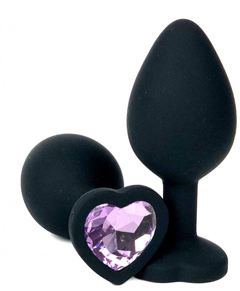 Черная силиконовая пробка с сиреневым кристаллом-сердечком - 7 см. фото 1 — pink-kiss
