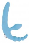 Голубой безремневой страпон с анальным отростком и вибрацией - 15 см. фото 1 — pink-kiss