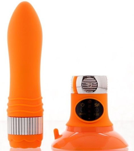 Оранжевый водонепроницаемый вибратор на присоске со сменной панелью управления - 19 см. фото 1 — pink-kiss