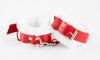Бело-красные кожаные наручники с нежным мехом фото 4 — pink-kiss
