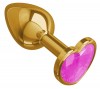 Золотистая анальная втулка с розовым кристаллом-сердцем - 7 см. фото 2 — pink-kiss
