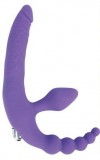 Фиолетовый безремневой страпон с анальным отростком и вибрацией - 15 см. фото 1 — pink-kiss