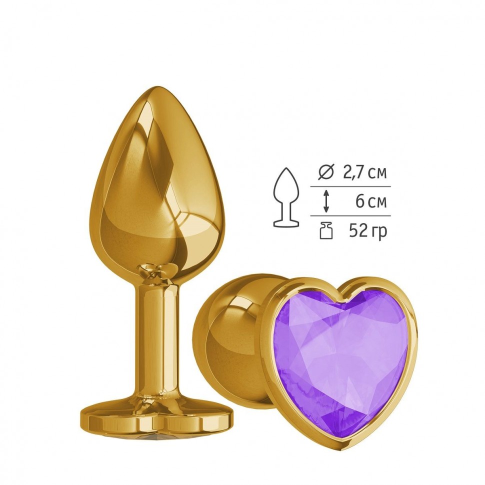 Золотистая анальная втулка с фиолетовым кристаллом-сердцем - 7 см. фото 1 — pink-kiss
