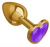Золотистая анальная втулка с фиолетовым кристаллом-сердцем - 7 см. фото 2 — pink-kiss