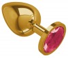 Золотистая большая анальная пробка с малиновым кристаллом - 9,5 см. фото 2 — pink-kiss
