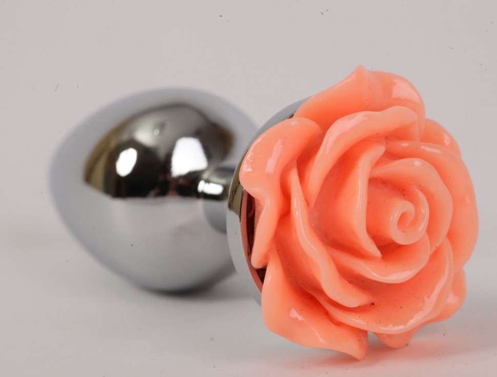 Серебристая анальная пробка с оранжевой розой - 9 см. фото 1 — pink-kiss